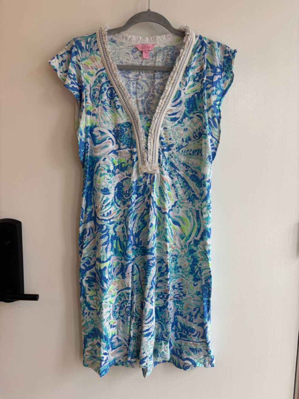 Lilly Pulitzer Aqua, Blue & Lime Beaded V-Neck Coverup